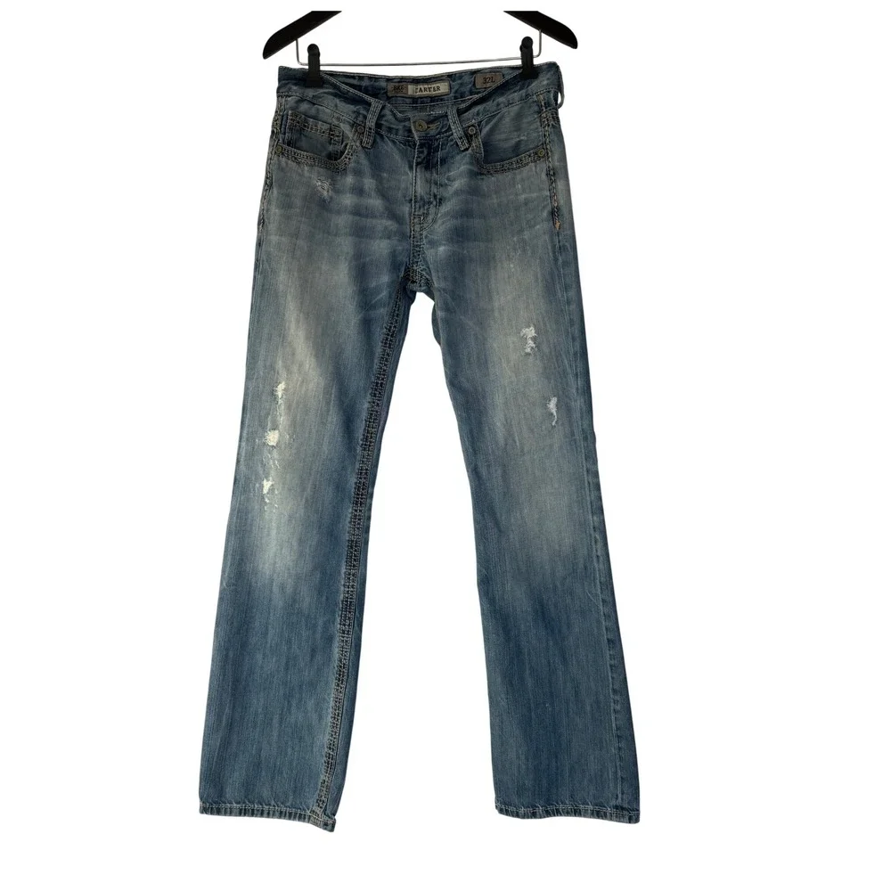 BKE Carter Straight Leg Jeans‎ Mens 32x33 Light Wash Distressed Blue Denim